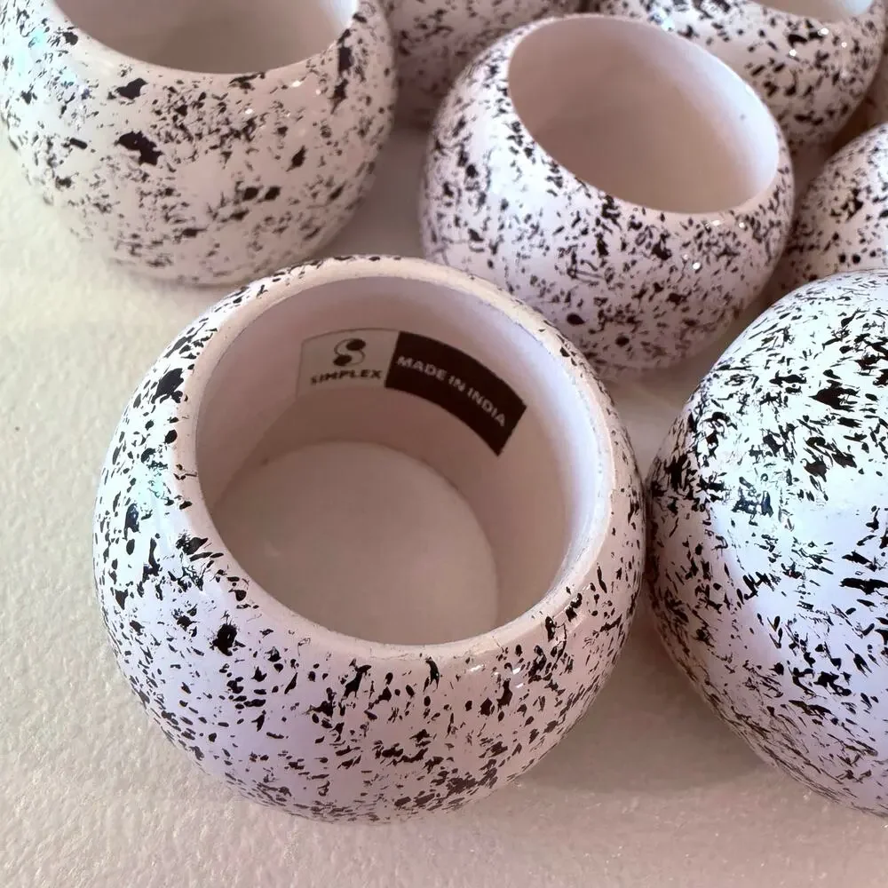 Simplex Napkin Rings Round White Black Paint Splatter Set of 8 Holders